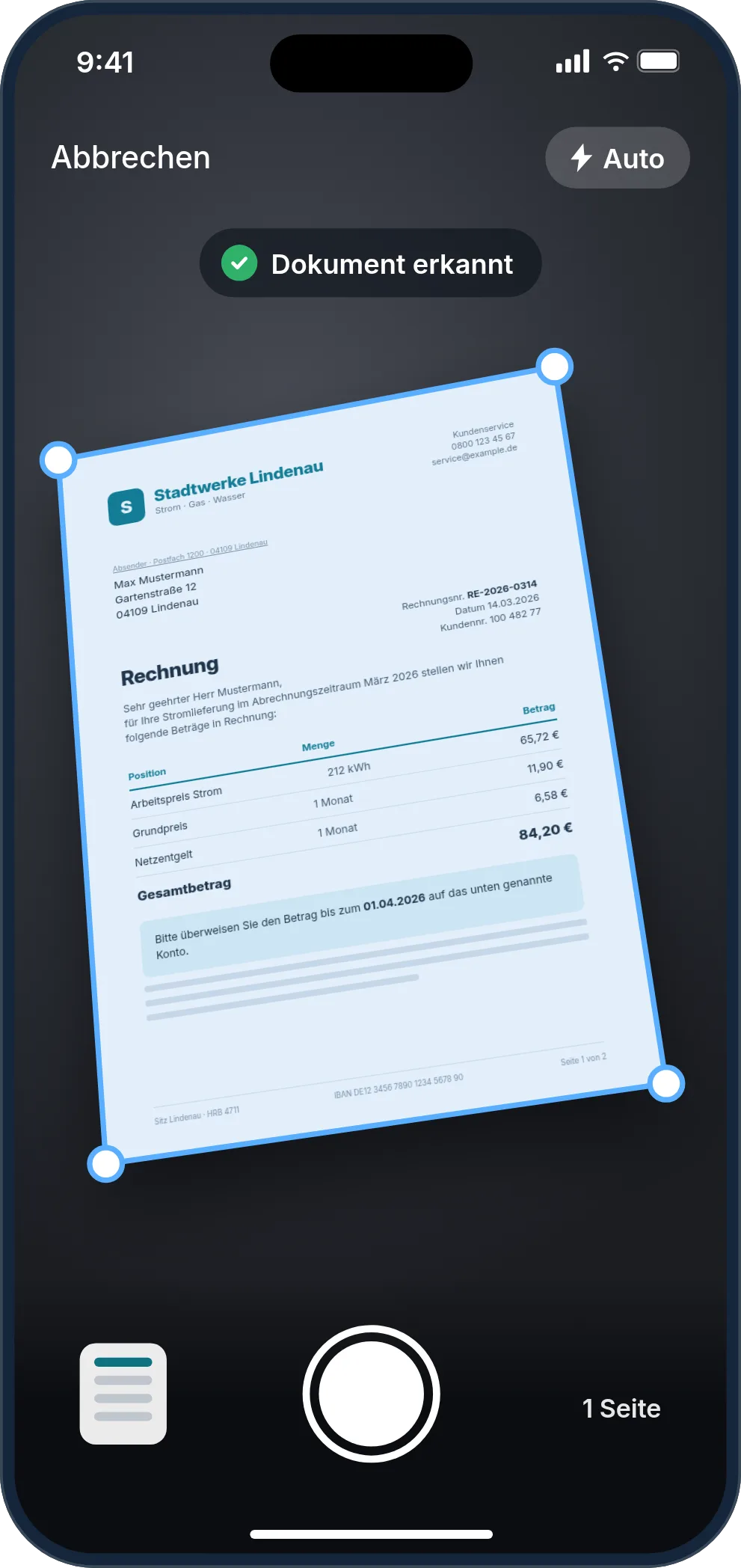 Illustration des Scanners: Kameraansicht mit einer schräg liegenden Stromrechnung, deren Kanten automatisch erkannt und markiert sind