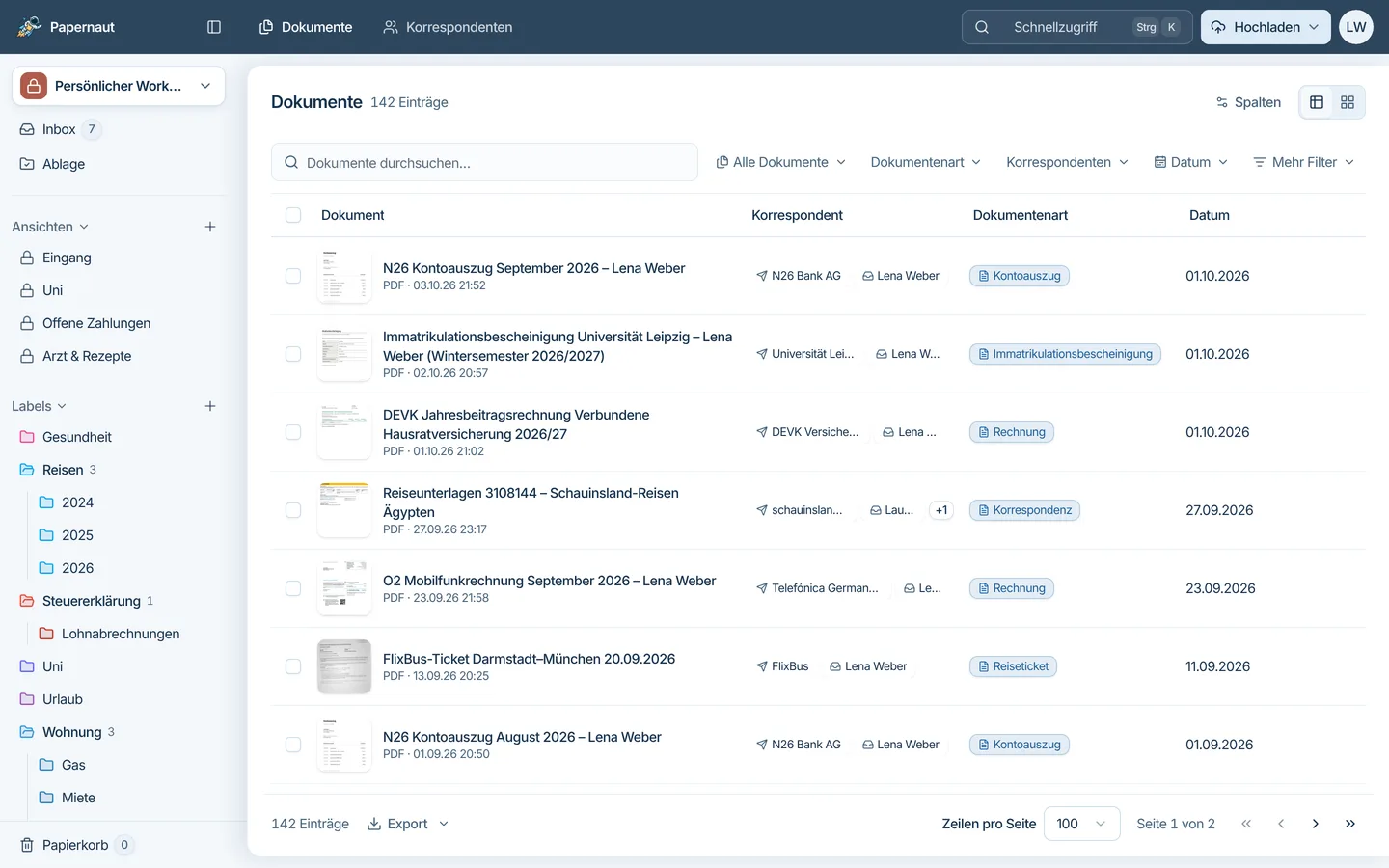 Papernaut Dokumentenliste mit Vorschaubildern, Korrespondenten und erkannten Dokumentenarten, daneben Inbox, gespeicherte Ansichten und Labels