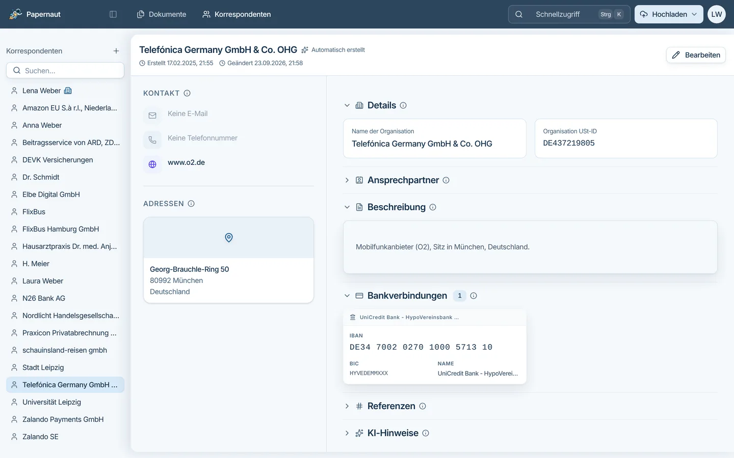 Papernaut Korrespondent Telefónica Germany, automatisch aus einer Rechnung angelegt, mit Adresse, Website, USt-ID und Bankverbindung