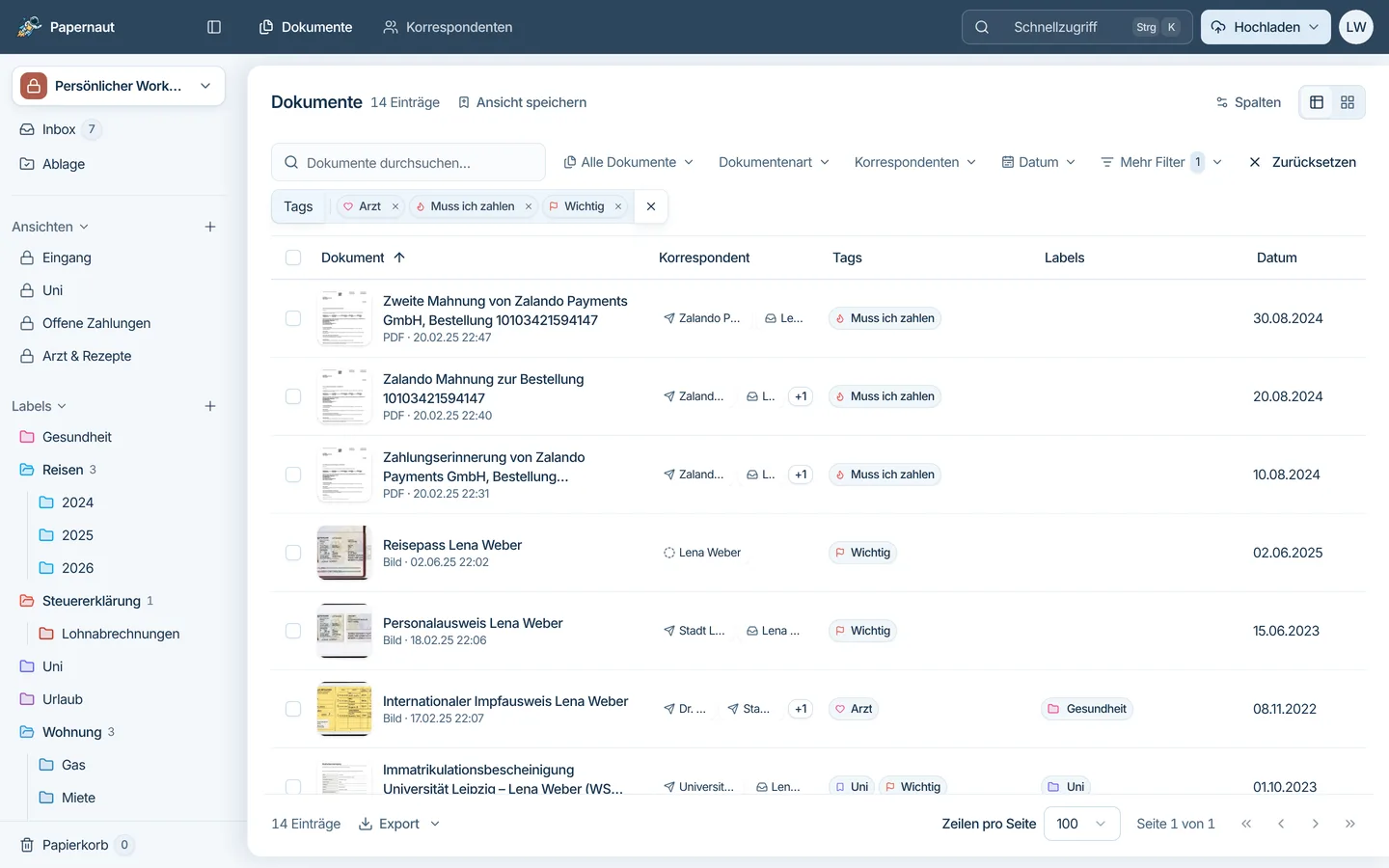 Papernaut Dokumentenliste gefiltert nach den Tags Arzt, Muss ich zahlen und Wichtig, mit Tags und Labels als Spalten und dem Label-Baum in der Seitenleiste