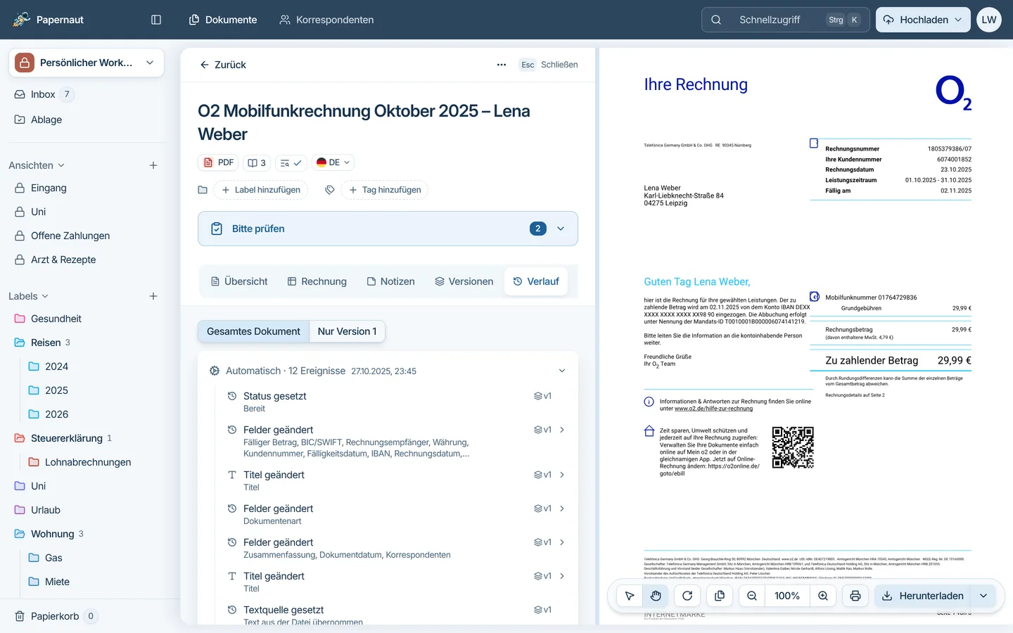 Verlauf einer O2-Rechnung in Papernaut, automatische Verarbeitungsschritte wie Status, erkannte Felder, Titel und Textquelle mit Zeitangaben