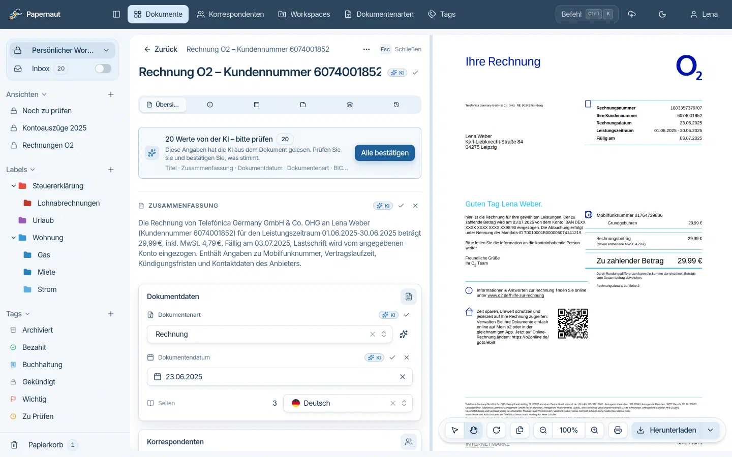 Dokumentdetail einer O2-Rechnung mit KI-Zusammenfassung, Dokumentenart Rechnung und Original-PDF