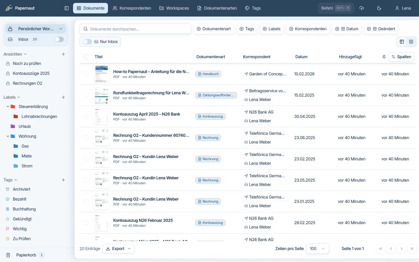 Papernaut Dokumentenliste mit Inbox-Schalter, Vorschaubildern und erkannten Dokumentenarten